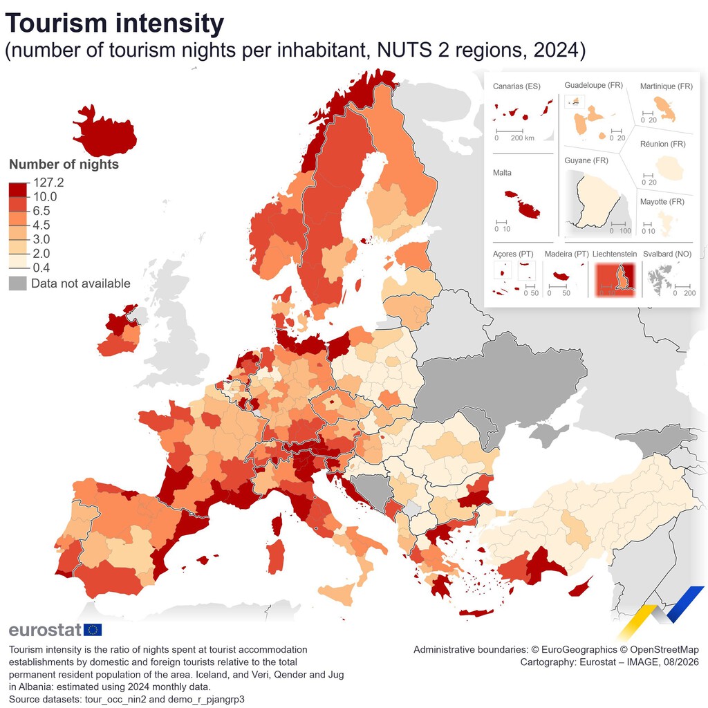 El mapa que destapa la presión del turismo en Europa: el 10% del territorio ya suma más visitantes que residentes