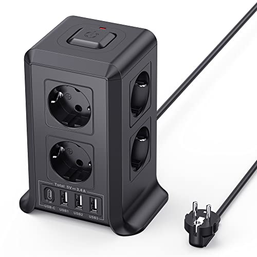 8 Tomas AC Torre Regletas Enchufes con 2 M Alargador Enchufe Multiple 4 USB