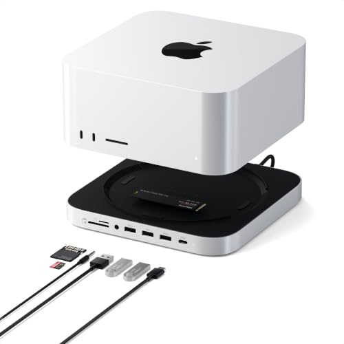 SATECHI Hub y Soporte Mac Studio y Mac Mini M1/M2, Carcasa SSD NVMe/SATA | USB-C 10 Gbps, 3x USB-A, micro/SD, audio 3,5 mm, para Mac Studio M5 Max, M5 Ultra, M4-M1 y Mini M2/M1 (no Mac Mini M4)