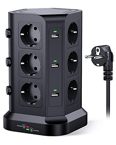 KOOSLA Regleta Vertical, 12 Enchufes, 6 USB, 2M, Negro