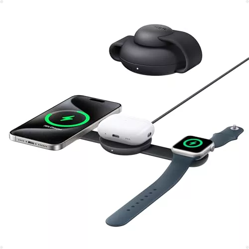 Anker MagGo Cargador Inalámbrico iPhone 3 en 1 de Viaje, Plegable Qi2 15W | Base de carga compatible con MagSafe, enchufes EU/US/UK, para iPhone 18 pro max/17/16/15/14/13, AirPods y Apple Watch.