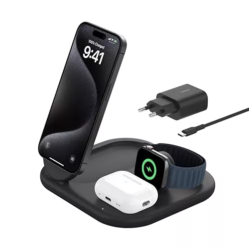 Belkin BoostCharge Cargador magnético Plegable 3 en 1 con Qi2 de 15 W, estación de Carga rápida Compatible con MagSafe, para iPhone 16/iPhone 15, Apple Watch, AirPods, Base Antideslizante, Negro