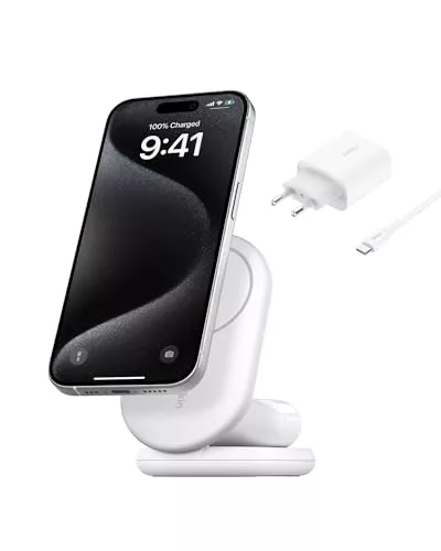 Belkin BoostCharge Cargador magnético Plegable Qi2 15W, Base de Carga inalámbrica Compatible con MagSafe, Carga rápida para iPhone 16, 15, 14, 13 y 12, estación con Soporte Antideslizante, Blanco