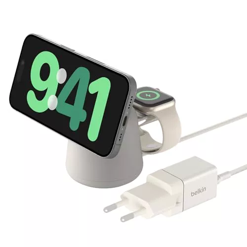 Belkin BoostCharge Pro Cargador MagSafe 2 en 1 con MagSafe de 15 W, Cargador inalámbrico, MagSafe Stand con Carga rápida para iPhone 16, 15, 14, 13 y 12, AirPods y Otros Dispositivos con MagSafe