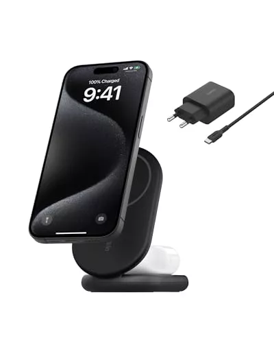 Belkin BoostCharge Cargador magnético Plegable Qi2 15W, Base de Carga inalámbrica Compatible con MagSafe, Carga rápida para iPhone 16, 15, 14, 13 y 12, estación con Soporte Antideslizante, Negro