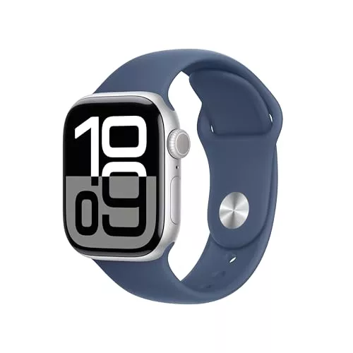 Apple Watch Series 10 GPS Smartwatch con Caja de Aluminio Plata de 42 mm y Correa Deportiva Azul Denim - Talla M/L. Monitor de entreno, App ECG, Pantalla Retina Siempre Activa