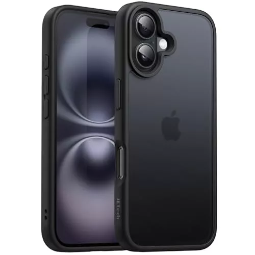 JETech Funda Mate para iPhone 16 6,1 Pulgadas, Antigolpes Protección contra Caídas Grado Militar, Carcasa Trasera Translúcida Esmerilada, Antihuellas (Negro)