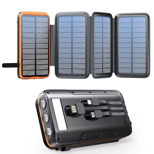 Solar Powerbank 27000mAh, cargador solar con 3 cables QC4.0 22.5 W USB C 20 W, función de carga rápida, con 4 paneles solares y 3 linterna LED para smartphones, tabletas, camping