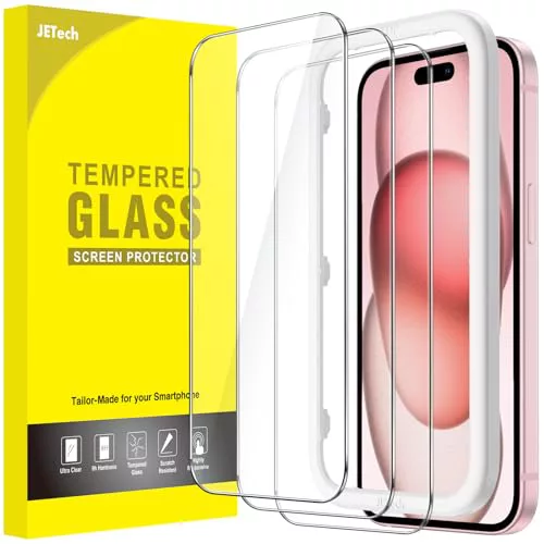 JETech Protector de Pantalla para iPhone 15 6,1 Pulgadas, Cristal Vidrio Templado, con Marco de Instalación Fácil, Amigable para Funda, HD Transparente, 3 Unidades