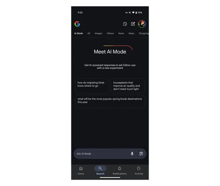 AI Mode de Google está la primera pestaña, por encima de todos los resultados o imágenes