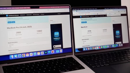 Puntuación en Geekbench del MacBook Pro (a la izquierda) y MacBook Air (a la derecha)