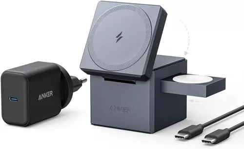 Anker MagGo Cargador Inalambrico iPhone Cubo 3 en 1 con MagSafe 15W, Potencia de Carga Máxima Inalámbrica, Compatible con iPhone 16/15/14/13 Series, Apple Watch Serie, y AirPods Pro