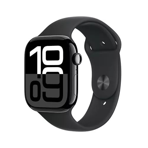 Apple Watch Series 10 GPS Smartwatch con Caja de Aluminio Negro Brillante de 46 mm y Correa Deportiva Negro - Talla S/M. Monitor de entreno, App ECG, Pantalla Retina Siempre Activa