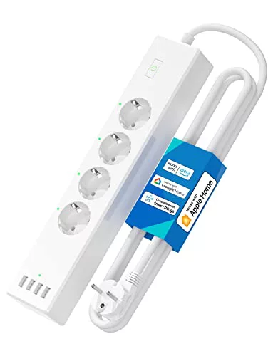 Meross Regleta Inteligente, Regleta WiFi 16A con 4 Tomas y 4 USB, Compatible con Apple HomeKit, Alexa, y Google Home, Control de Voz y Control por App, Temporizador