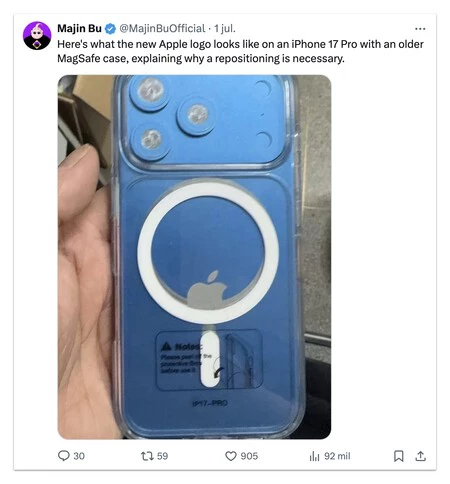 Una funda tradicional de MagSafe tapando la manzana si el logo finalmente se reposiciona en el iPhone 17 pro