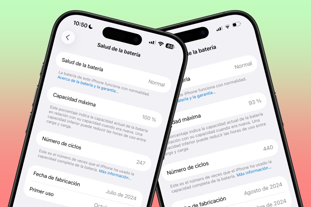 Dos iPhone idénticos a la par en ciclos de carga y uno tiene peor salud de batería. Tiene una explicación y es muy sencilla