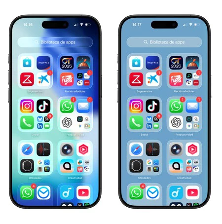La biblioteca de apps antes y después de haber desactivado las transparencias
