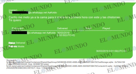 Mensaje intercambiado entre Koldo García y su ex esposa, Patricia Úriz, que figura en el informe de la UCO remitido al Tribunal Supremo.