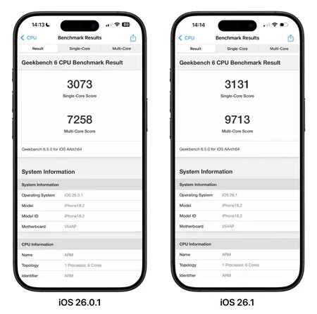 Rendimiento CPU iOS 26.1
