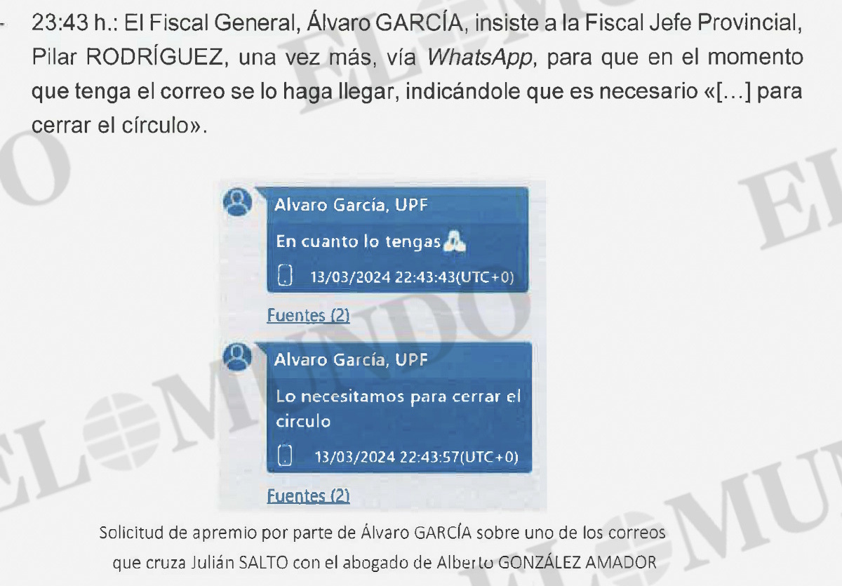 Mensajes del fiscal general insistiendo para que le enviasen los correos.