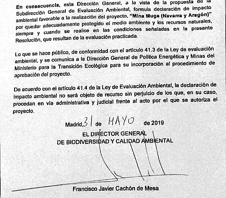 Declaración de Impacto Ambiental favorable al proyecto de la mina.
