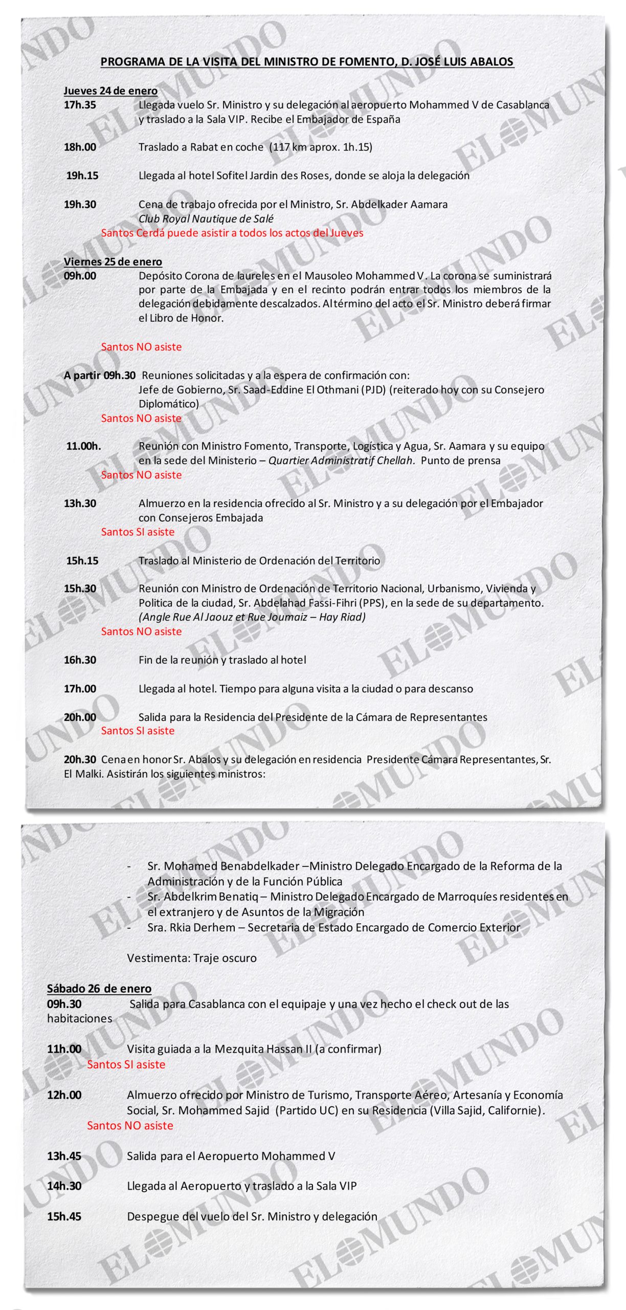 Un alto cargo de Ábalos envió por correo a Koldo el programa rediseñado del via-je a Rabat con Cerdán incrustado y detallando sí asistiría o no a cada cita.
