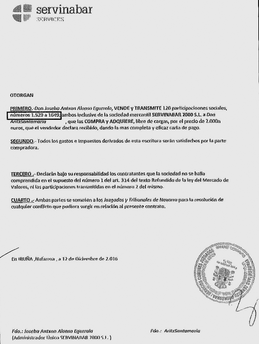 Imagen del contrato privado de venta del 4% de Servinabar a Aritz Santamaría.