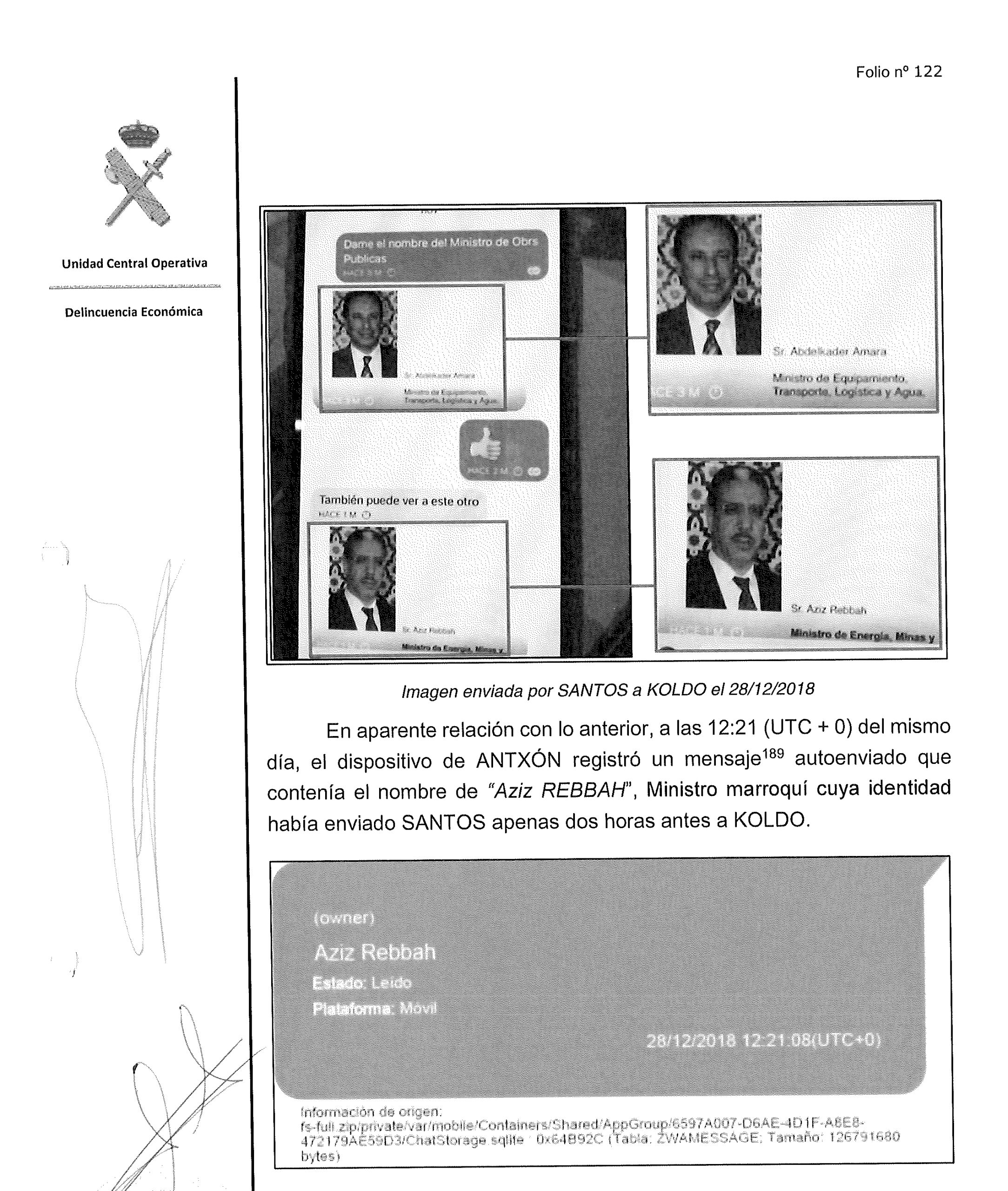 Captura, recogida por el informe de la UCO, de la conversación la que Cerdán envía a Koldo información sobre los políticos marroquíes