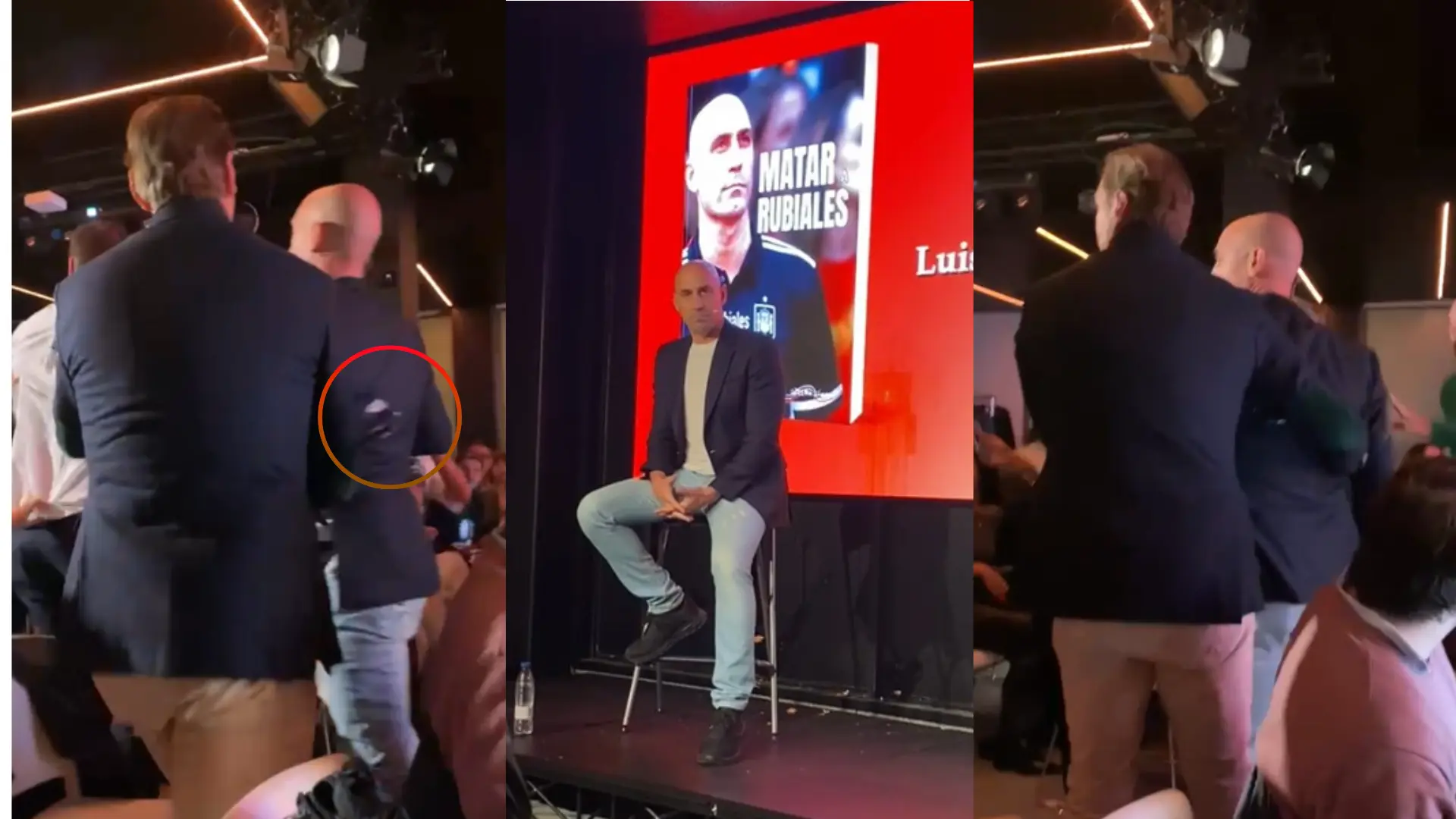 Agresión a Luis Rubiales en la presentación de su libro: un tío del expresidente de la RFEF irrumpe en el acto y le tira varios huevos