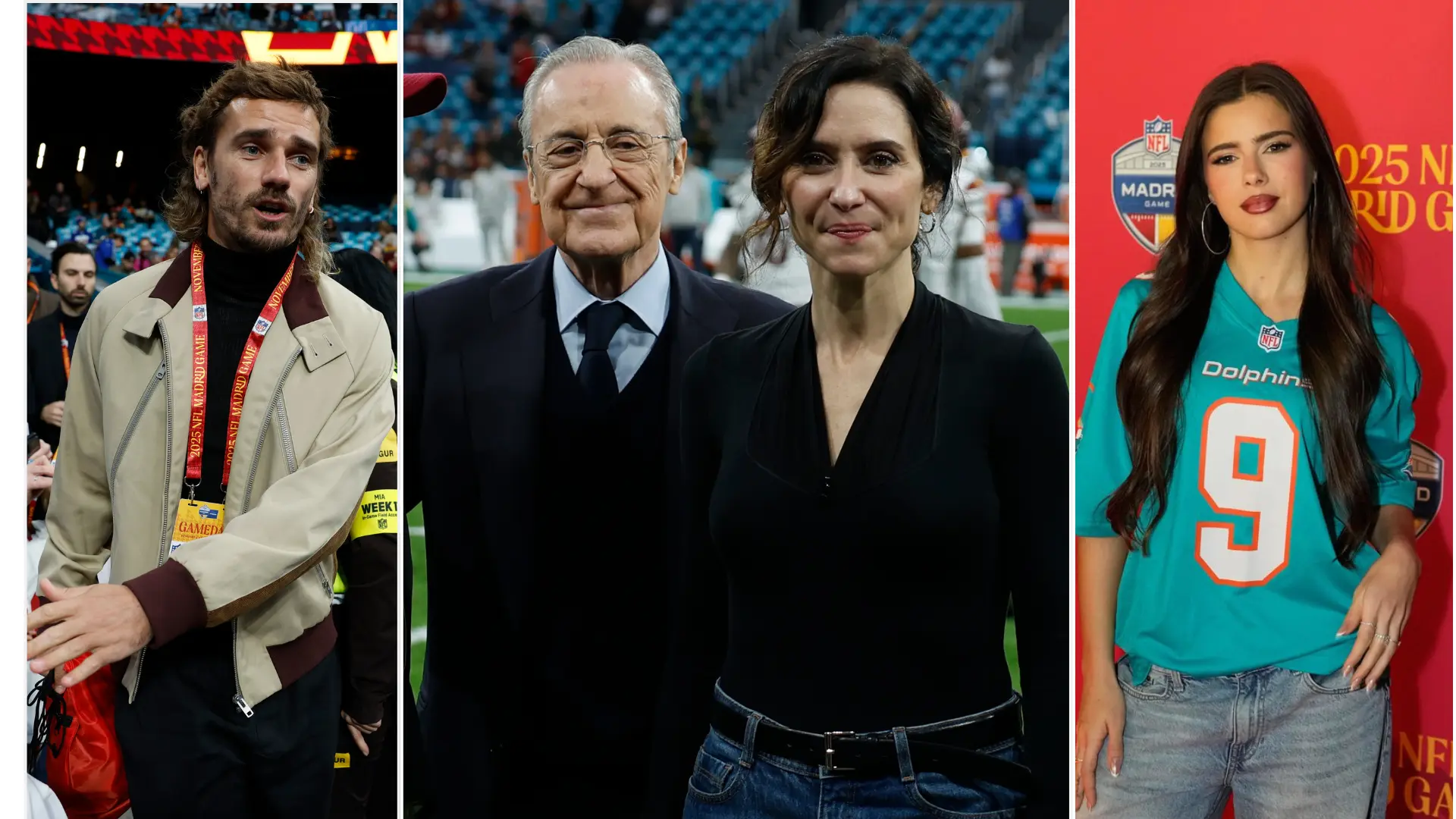 Pasarela de personalidades en el partido de la NFL del Santiago Bernabéu: Zidane, Ayuso, Griezmann, Mar Lucas, Almeida…