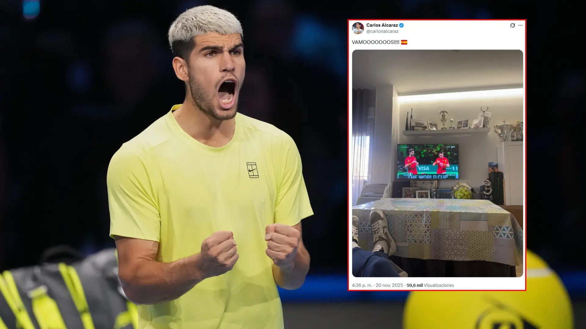 Alcaraz felicita a la Armada por el triunfo en la Davis y las redes alucinan con su casa: «El típico mantel de hule y detrás Wimbledon»