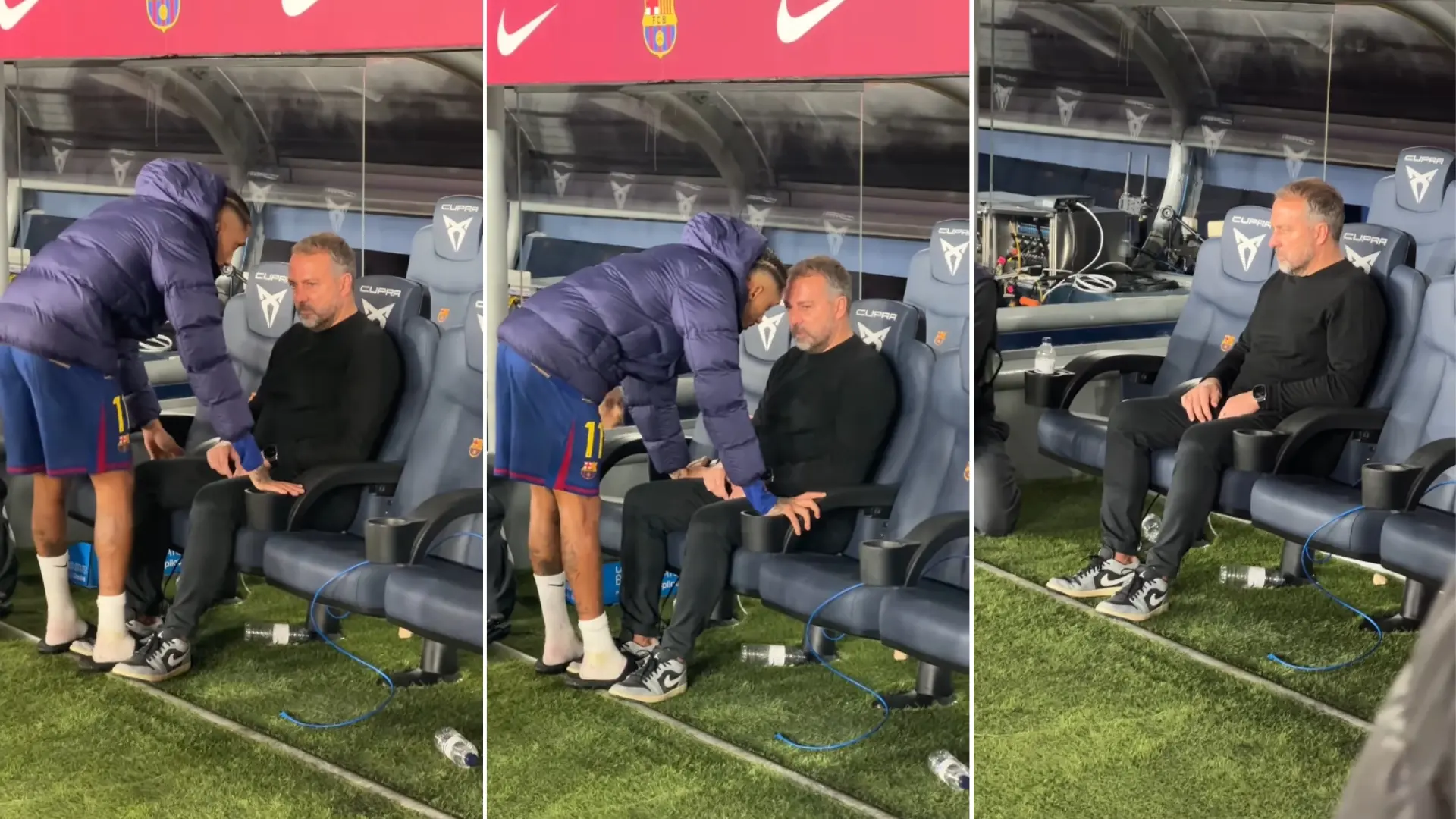 La preocupante imagen de Hansi Flick con Raphinha: el brasileño le consoló en el banquillo pese a la victoria del Barça