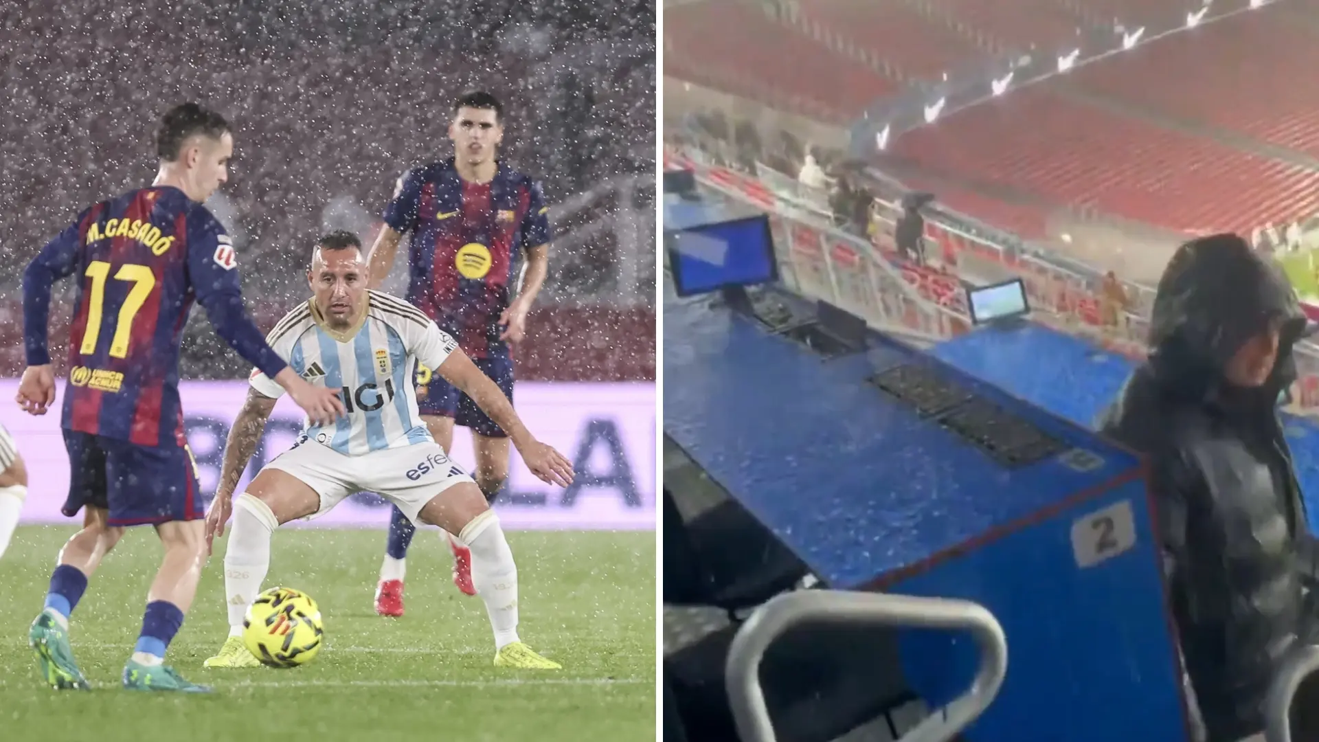 Una espectacular granizada sacude el Camp Nou en pleno partido y la zona de prensa acaba inundada