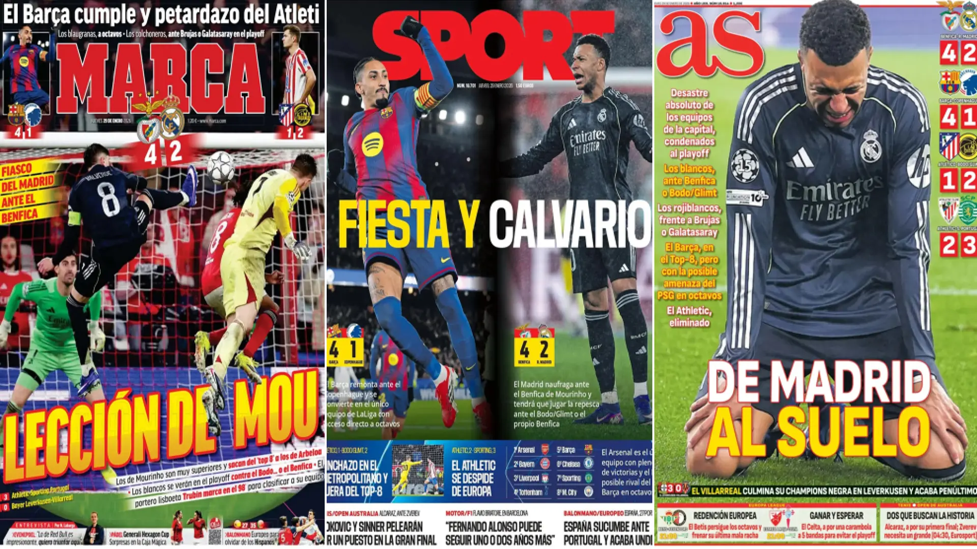 Las portadas de los fiascos de Real Madrid y Atleti en la Champions