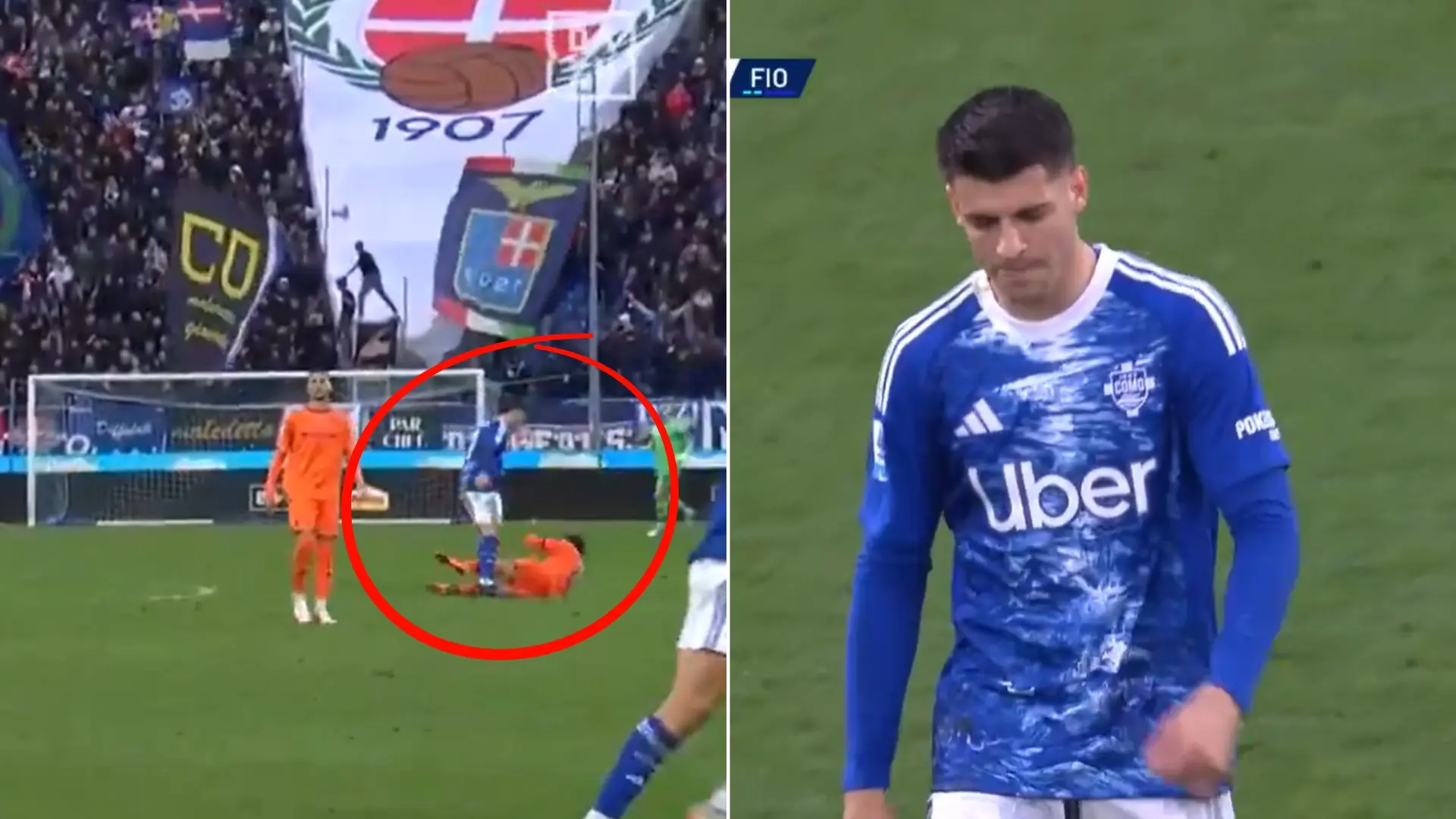 Día para el olvido de Morata con el Como: expulsado por un enganchón con un rival y palo de Fàbregas