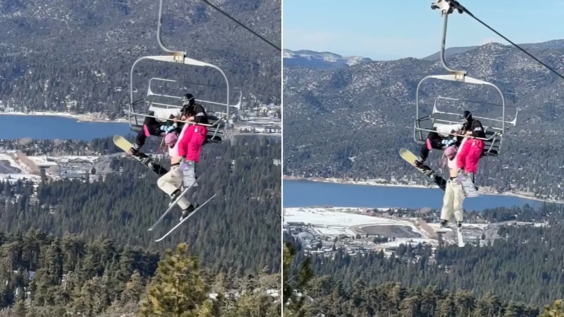 El aterrador momento de una esquiadora: se resbala en el telesilla y se queda colgando sujetada por dos personas