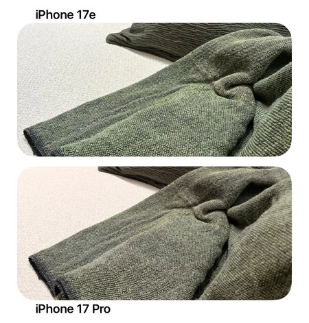 Diferentes colores y tramas resueltos con solvencia por ambos. El zoom ×2 del iPhone 17e también funciona muy bien aquí. Resultados prácticamente idénticos.