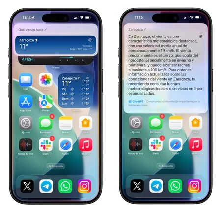Respuesta a ¿qué viento hace? ofrecida por Siri o Siri + ChatGPT