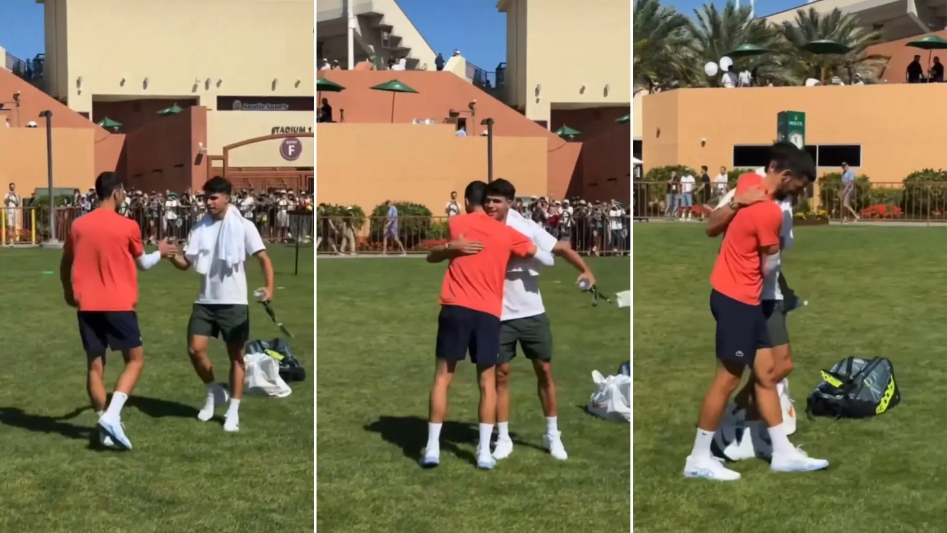 El buen rollo entre Alcaraz y Djokovic en su reencuentro en Indian Wells: «¡Te escondes!»