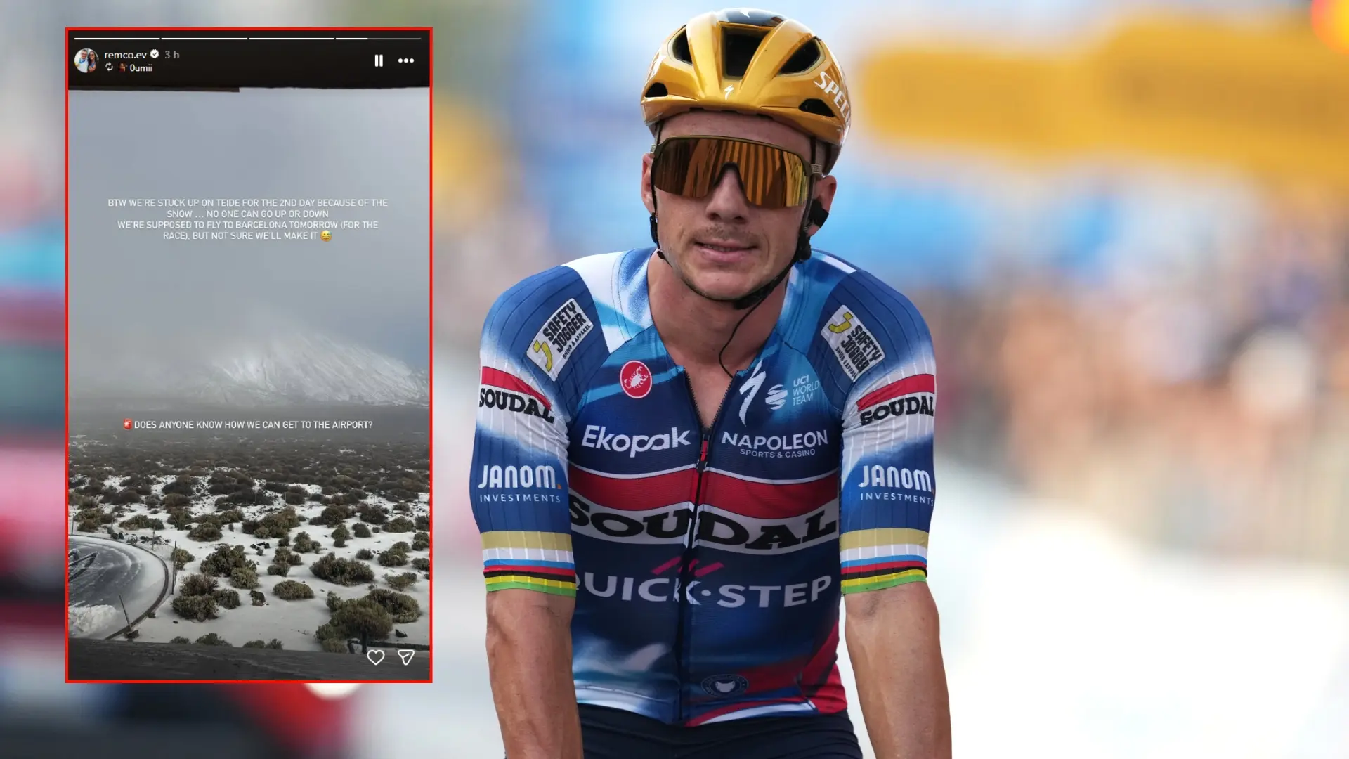 «Llevamos dos días atrapados en el Teide por la nieve»: el mensaje de ayuda de Evenepoel para llegar a la Volta a Catalunya