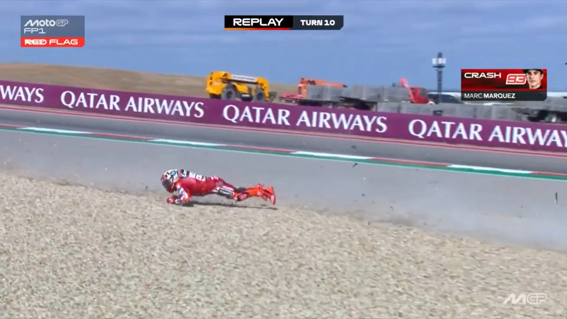 Dura caída de Marc Márquez en Austin: «Se ha dado un buen golpe en el brazo derecho y en la mano izquierda»