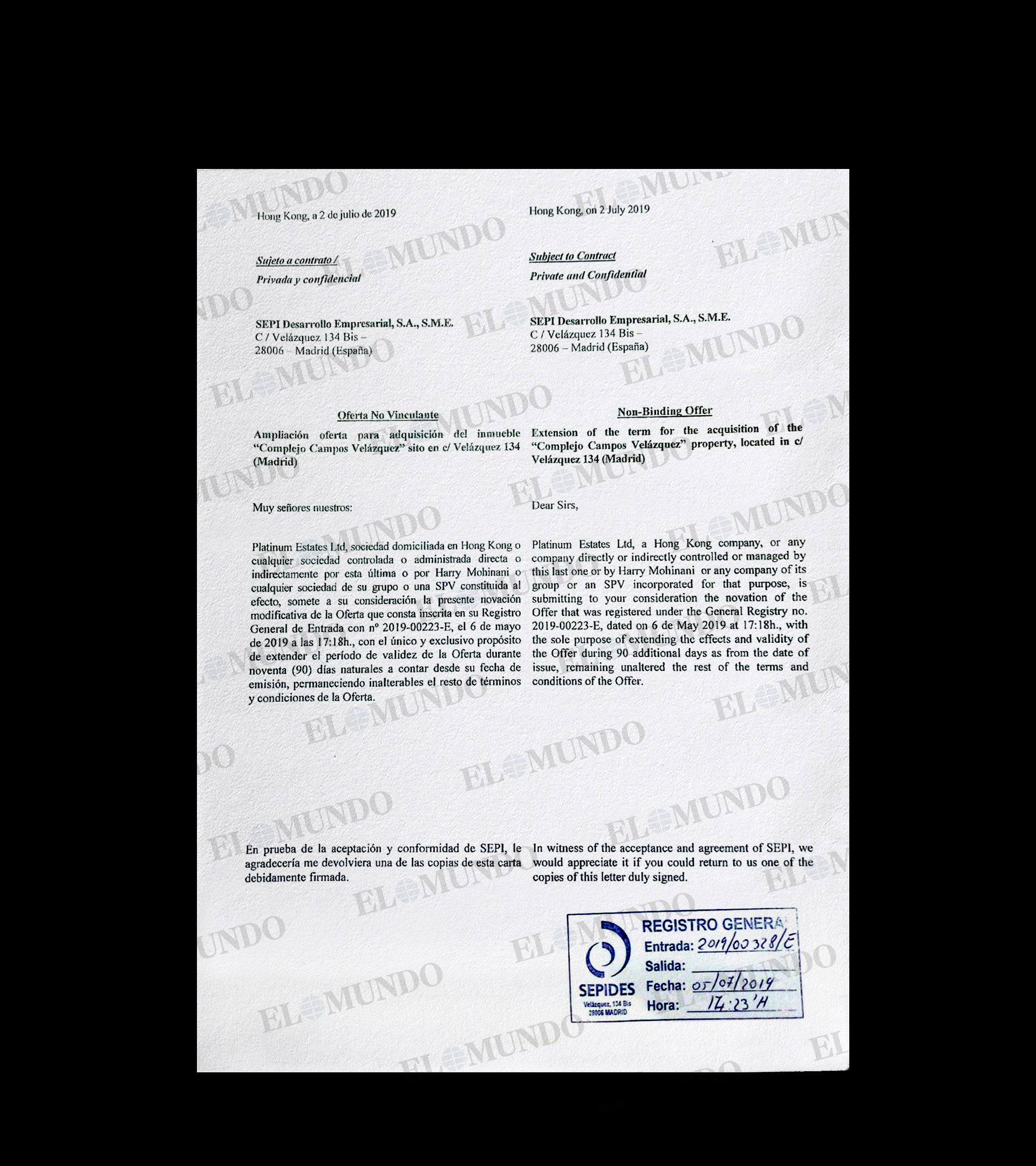 La ampliación de la oferta presentada por Koldo elaborada por el fondo de Hong Kong para el que intermedió Aldama