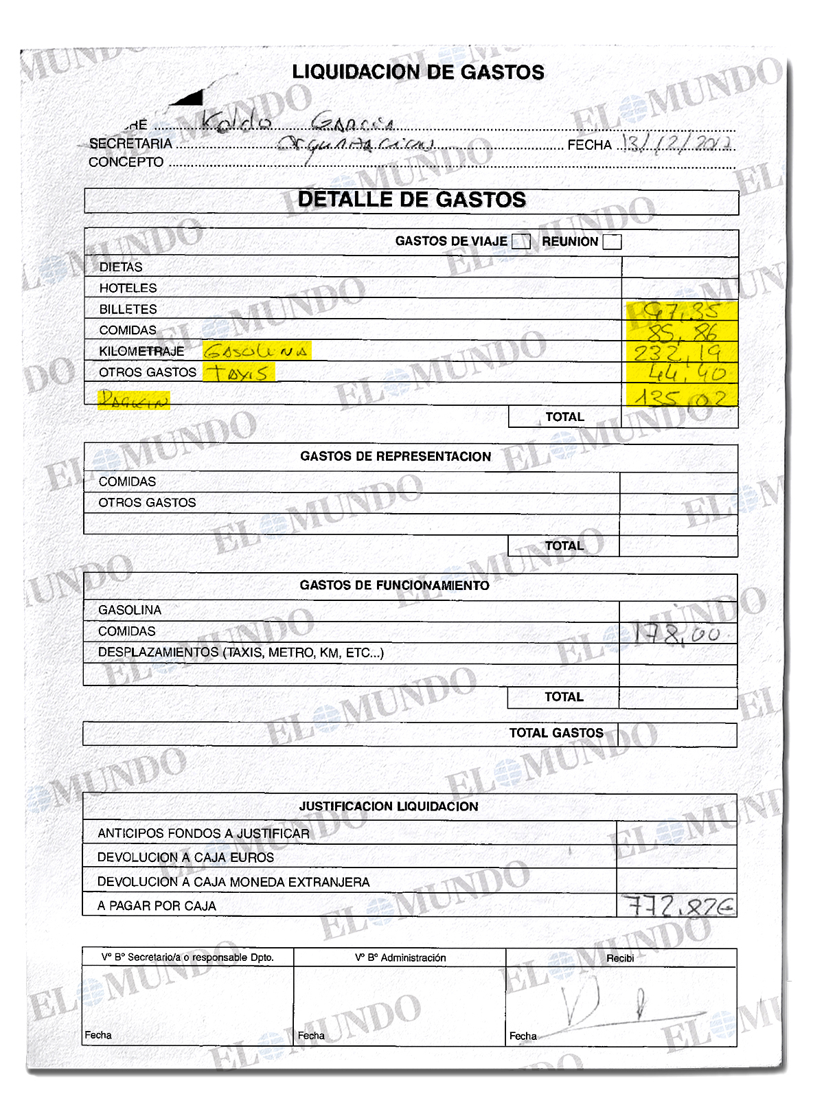 Hoja de liquidación de gastos a nombre de Koldo García.