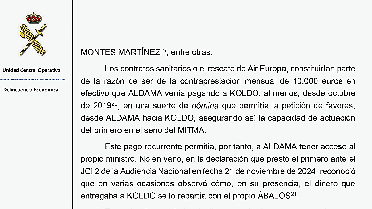 Extracto de uno de los informes de la UCO donde se señala la "contraprestación" mensual que Aldama pagaba a Koldo a cambio de favores