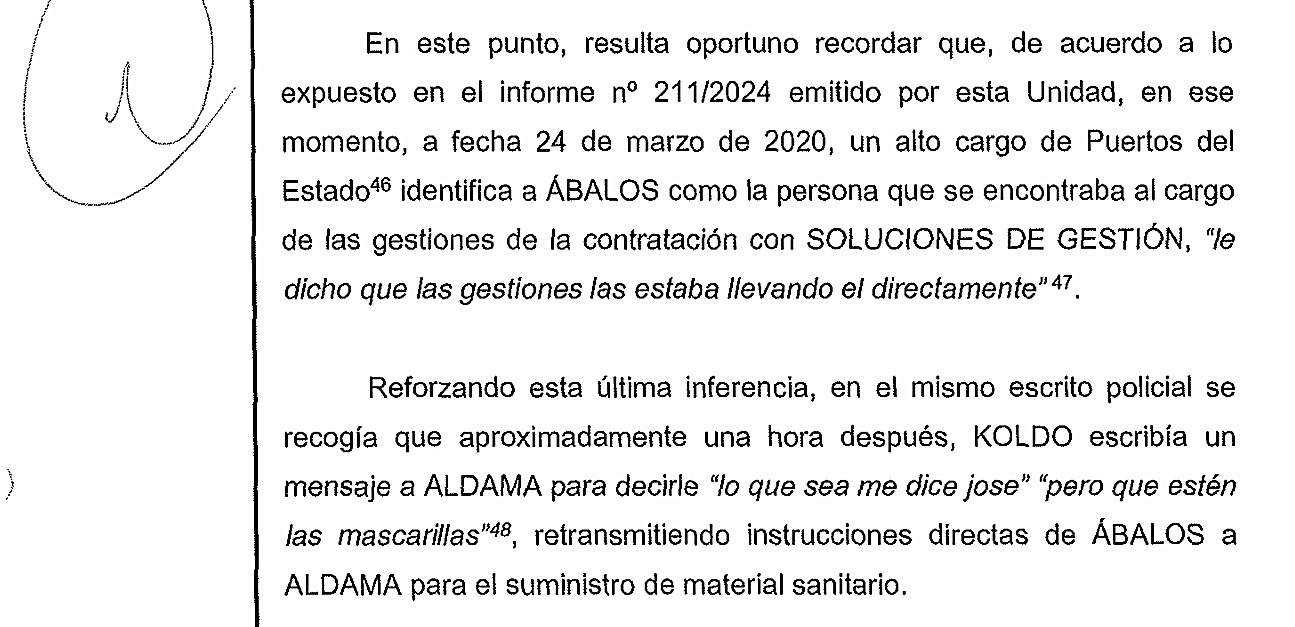 Otro extracto del informe en el que los agentes señalan a Ábalos como persona a cargo de las gestiones de contratación y en el que se apunta también una conversación entre Koldo y Aldama
