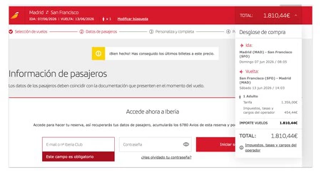 Ejemplo de un vuelo Madrid - San francisco para las fechas de la WWDC