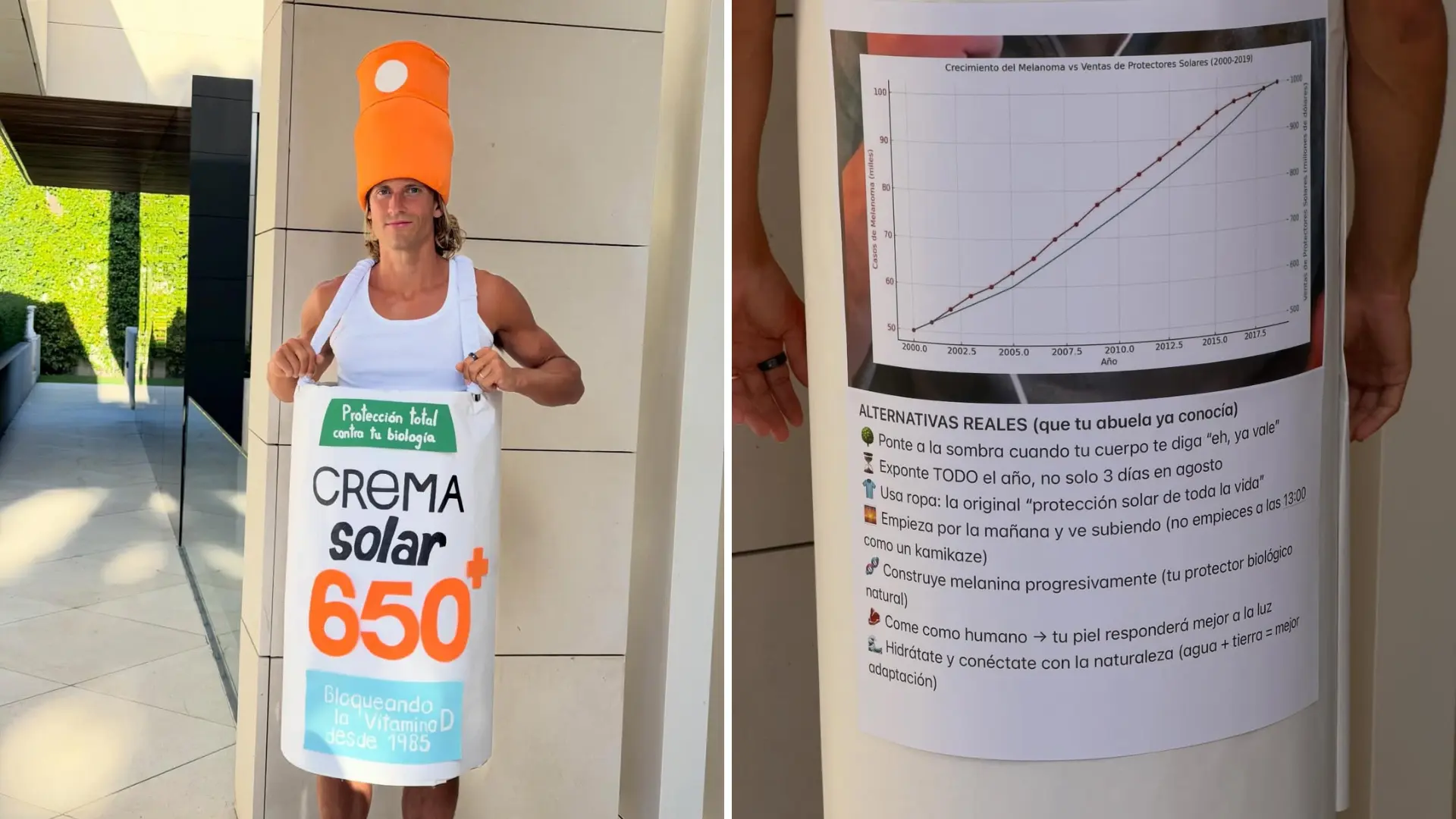 El surrealista disfraz de Marcos Llorente: una crema solar con «protección total contra tu biología»