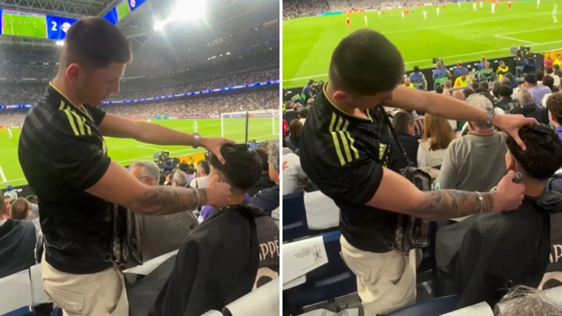 La imagen que avergüenza a la afición del Real Madrid: un joven corta el pelo a otro en pleno partido en el Bernabéu
