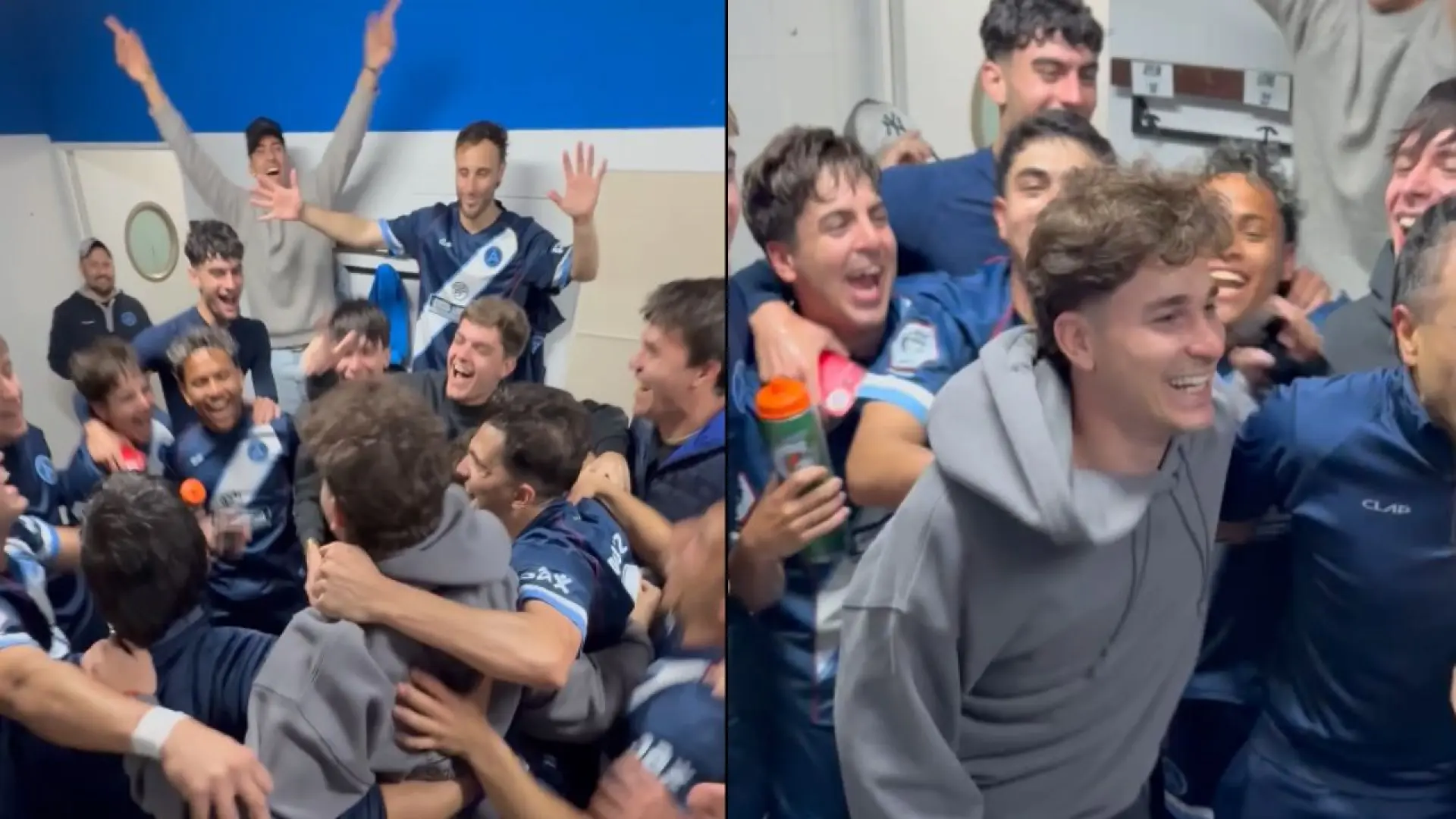 Julián Alvarez festeja en el vestuario junto a sus hermanos del Club Argentino en España