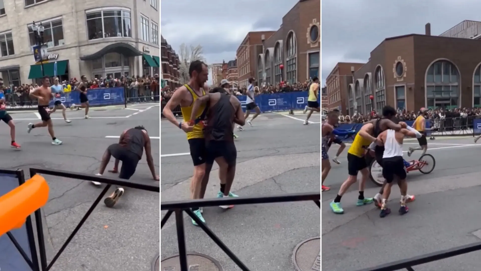 El gesto más humano del Maratón de Boston: dos atletas cargan a hombros con un corredor desfallecido para ayudarle a seguir la carrera